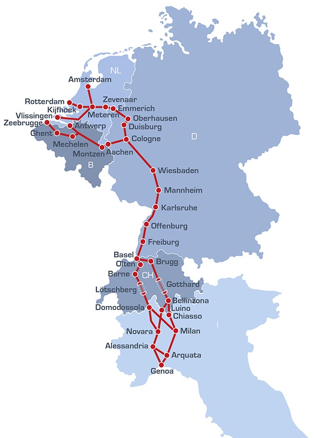 Netzwerkkarte des CEF PSA UBS Projektes auf dem Schienenverkehrskorridor 1 / Rhein-Alpen Korridor