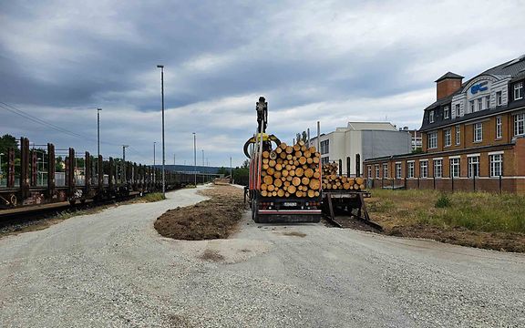 A timber truck stands next to the rail at the Rudolstadt-Schwarza timber loading station