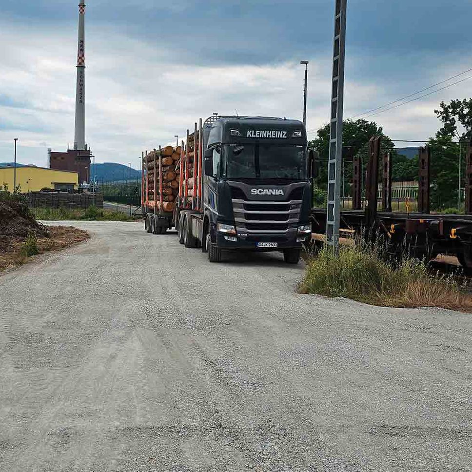 The transhipment yard at the Rudolstadt timber loading station, where a truck is waiting to be unloaded.