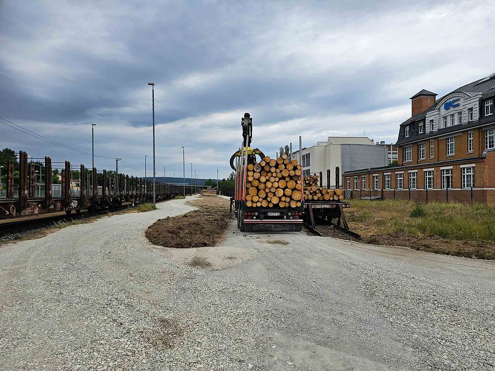 Ein mit Holz beladener Lkw wartet an der Holzverladestelle auf den Umschlag.