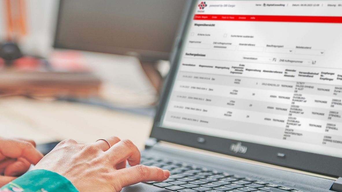 Frauenhände tippen auf einem Laptop.