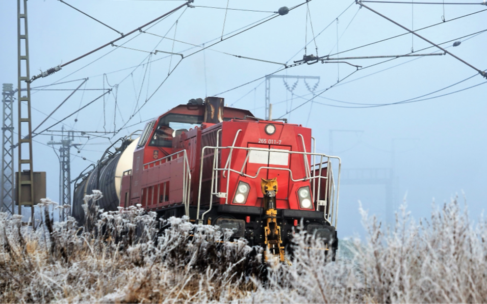 Zug durch schneebedeckte Landschaft