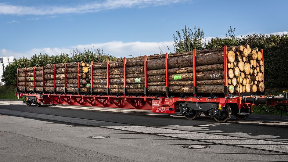 Darstellung eines beladenen m2-Holzwaggons
