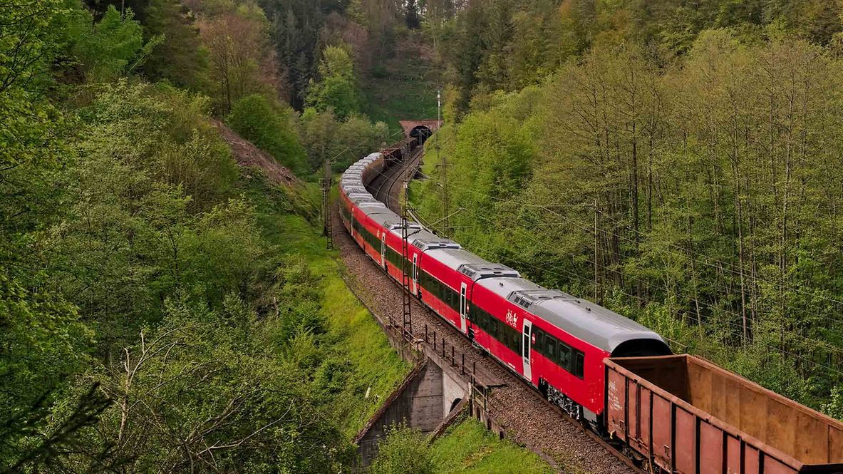 A freight train transports Talgo's new long-distance trains from Spain to Denmark.