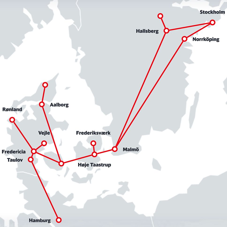 Karte des Streckenverlaufs der Relation Norden durch Deutschland, Dänemark und Schweden.