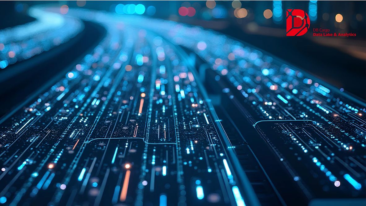 "Digital highway" with glowing, bluish data streams running through a network of circuits.