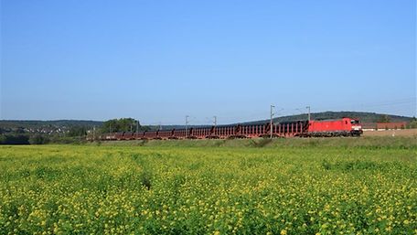 Ein Zug beladen mit schwarzen Rohren fährt durch eine grüne Landschaft in Frankreich.