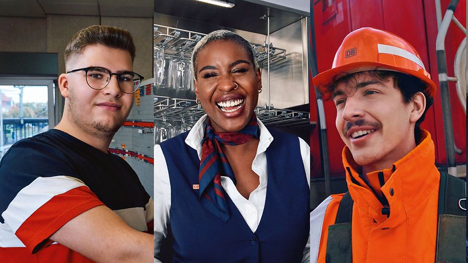 Drei junge Menschen, die für die DB in verschiedenen Positionen arbeiten.