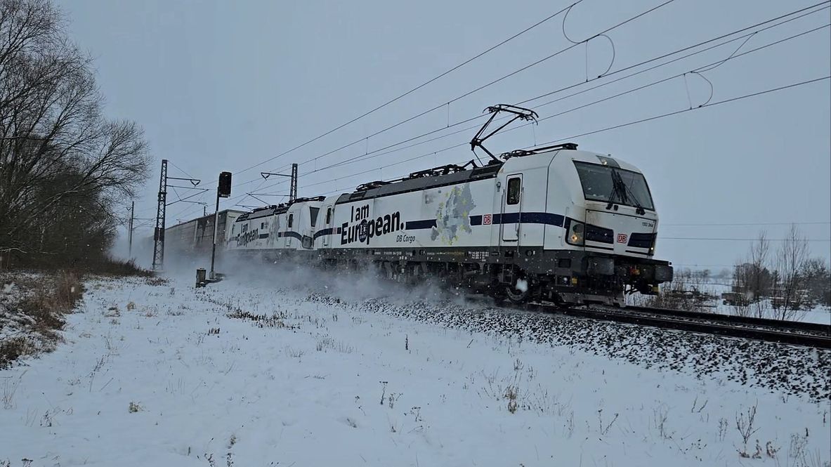 A train with an "I am European" locomotive in the Czech Republic