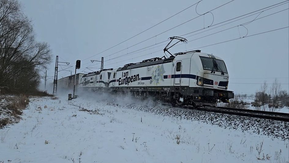 A train with an "I am European" locomotive in the Czech Republic