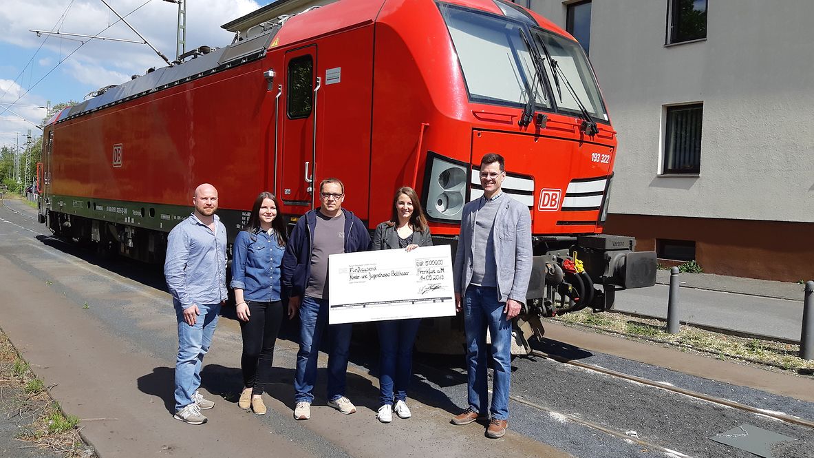 Zwei Frauen und drei Männer mit großer Spendenquittung vor einer Lok