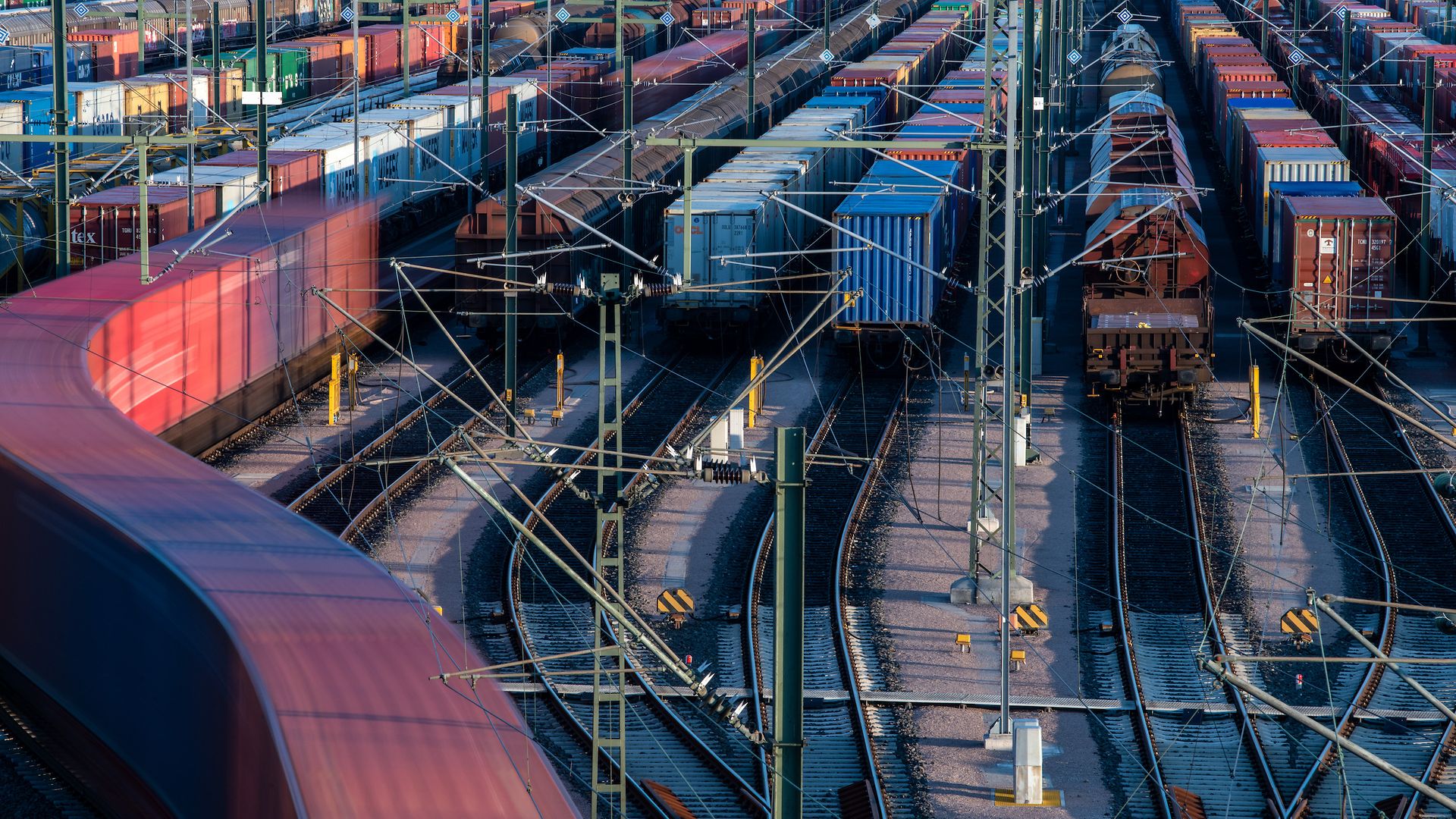 Trains at rail freight station.