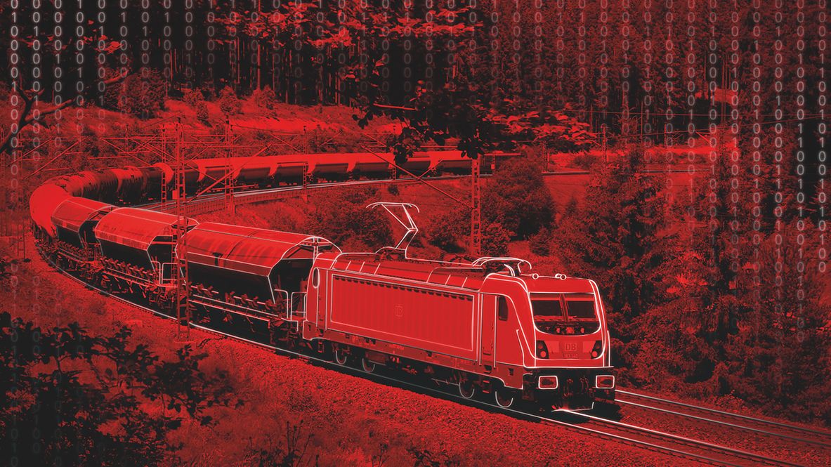 Rot eingefärbtes Bild mit Zug und Binärcode