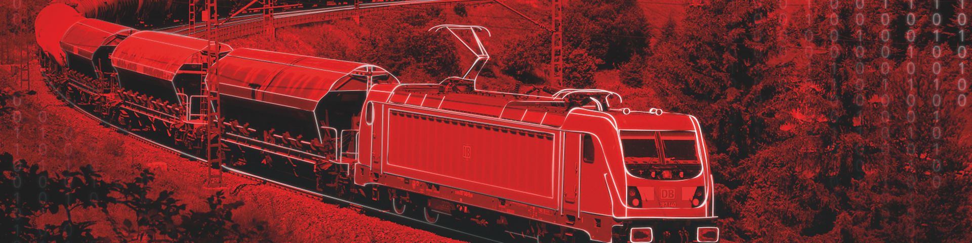 Rot eingefärbtes Bild mit Zug und Binärcode