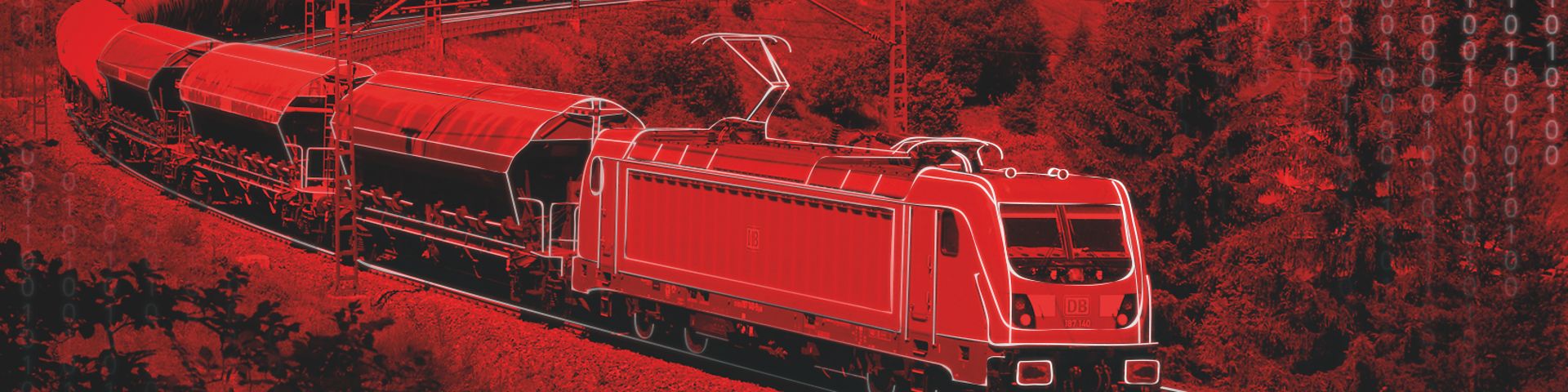 Red cooured picture of a freight train.