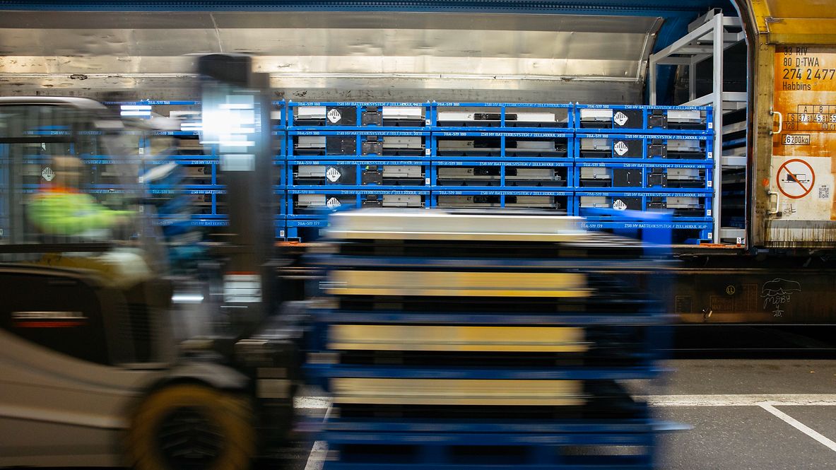 Güterwagen zum Transport von Batterien wird mit einem Gabelstapler beladen