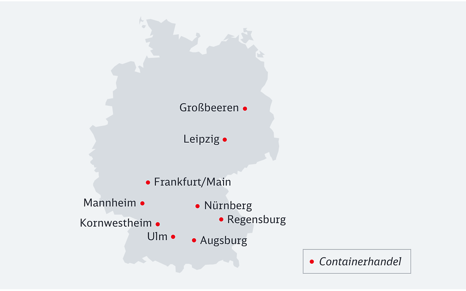 DB IS Containerhandel - Karte der 9 bundesweiten Standorte u.a. Leipzig, Frankfurt/Main, Nürnberg,Augsburg, Mannheim