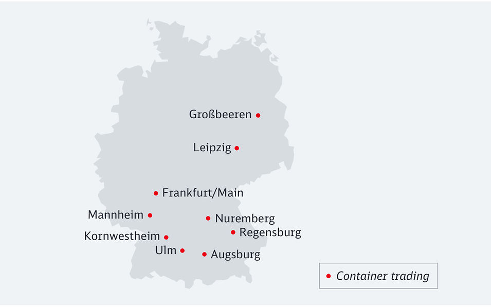 DB IS Container trading - map of the 9 nationwide locations, i.e.. Leipzig, Frankfurt/Main, Nuremberg, Augsburg, Mannheim